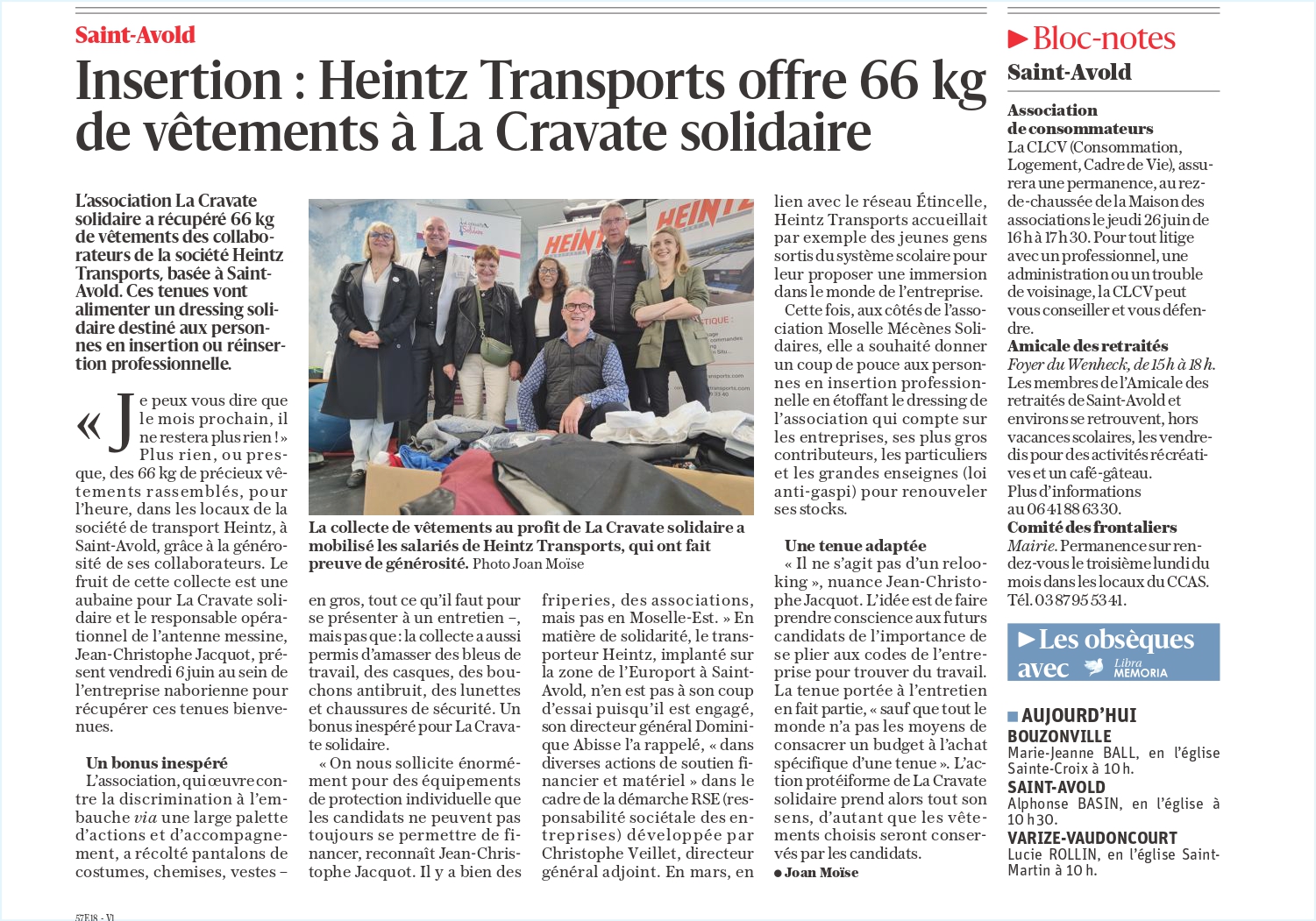 Article du Républicain Lorrain collecte solidaire avec la cravate solidaire et heintz transports